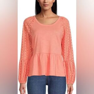 Time & Tru Orange Top with Eyelet Longsleeves, Size Large, 12-14  NWT